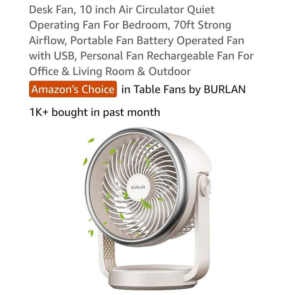 10" desk fan, rechargeable, USB, tilting, operates up to 11 hours
